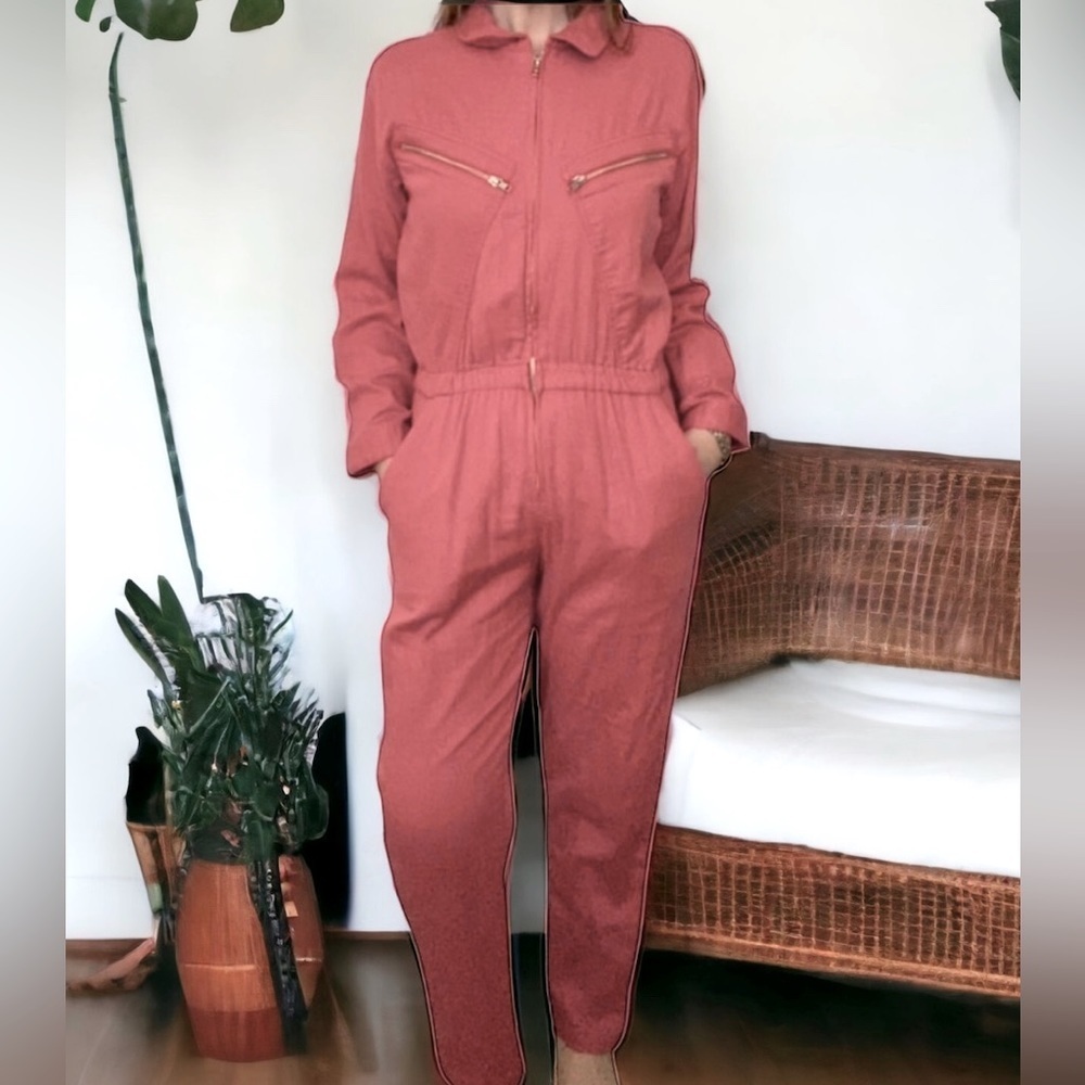 XIRENA JAYMES COTTON JUMPSUIT IN SUN DRIED RED S long sleeve